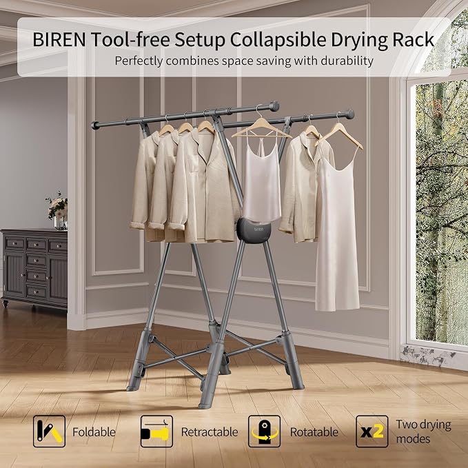 BIREN Clothes Drying Rack Heavy Duty Clothing Racks Foldable Laundry Rack Two Drying Modes Garment Racks for Drying Clothes, Adjustable Length from 32-55 Inches for Indoor Outdoor Use