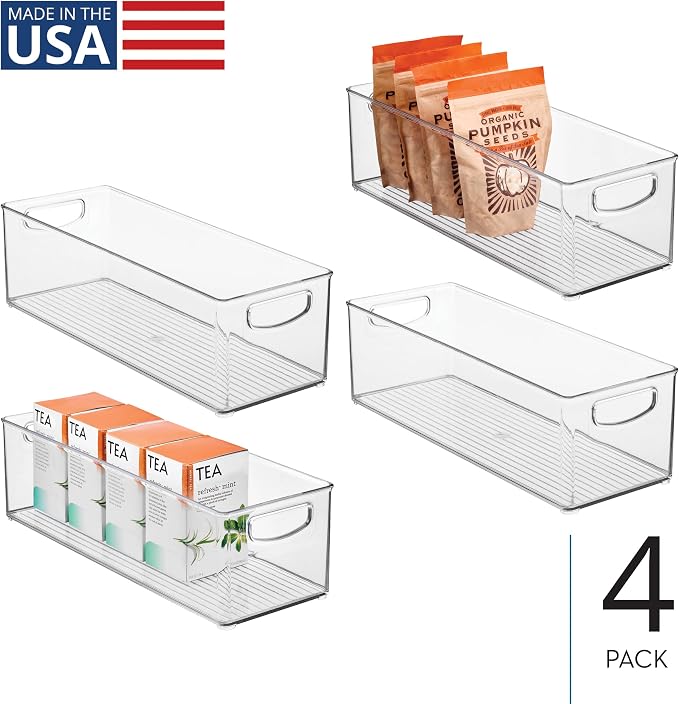 iDesign Plastic Stackable Pantry Bin with Handles, Set of 4, Clear | For Kitchen Cabinets or Fridge, Made in USA