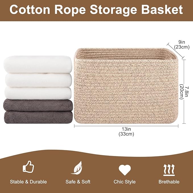OIASKET Storage Baskets for Organizing, Woven Decorative Baskets for Shelves - Books, Towels, and Clothes, Cotton Rope Toy Storage Bins, 12.7''Lx9''Wx7.8''H, Pack of 4, Brown