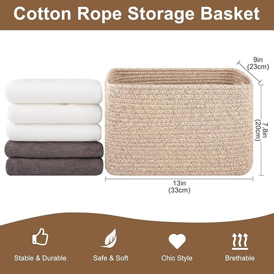 OIASKET Storage Baskets for Organizing, Woven Decorative Baskets for Shelves - Books, Towels, and Clothes, Cotton Rope Toy Storage Bins, 12.7''Lx9''Wx7.8''H, Pack of 4, Brown