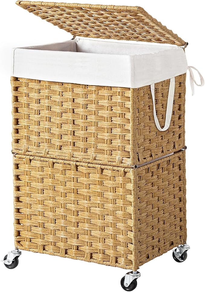 Chrislley Wicker Laundry Basket with Wheels,Rolling Laundry Hamper with Lid | 90L Slim Clothes Hamper with Wheels & Removable Liner Bag, Handwoven Rattan Laundry Organizer for Bedroom, Bathroom, Yellow