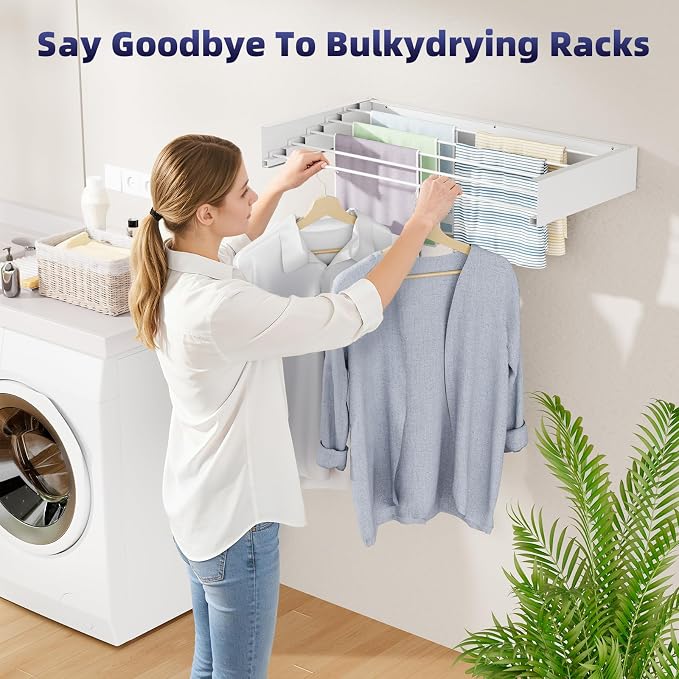 ZMBESUP Wall Mounted Drying Rack 31.5 Inch White, Foldable Retractable Clothes Drying Rack for Laundry Room Organization, Heavy Duty Space Saving Laundry Rack for Apartment Bathroom, 60lb Capacity