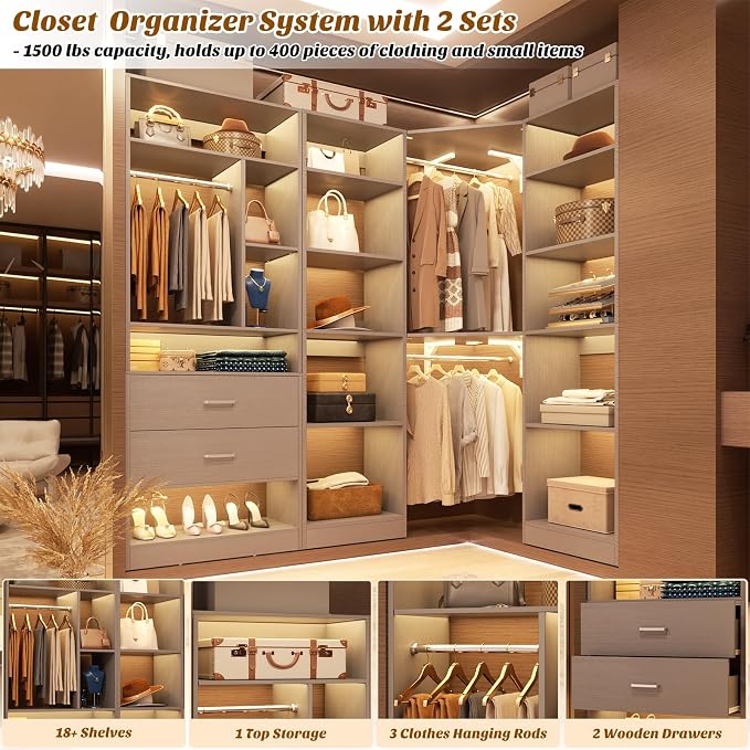 Besiost Corner Closet System with 2 Sets, 63.2" Corner Closet Organizer System with 2 Drawers + 18 Shelves + 3 Hanging Rods, Reversible L Shaped Walk-in Closets, Grey (63.2" L x 39.2" W x 80" H)
