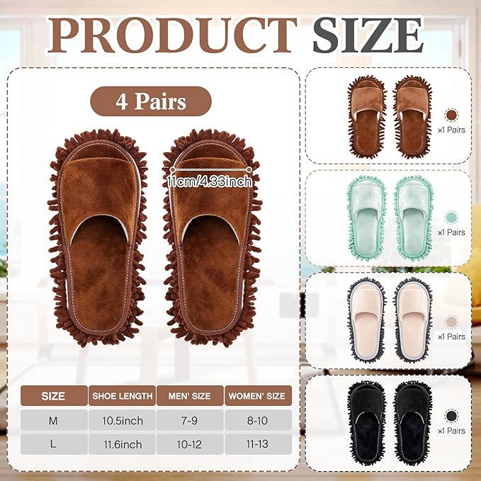 Jecery 4 Pair Washable Microfiber Mop Slippers Detachable Dusting Shoes for Floor Cleaning, Office & Home Use Suitable for Women & Men(Gray,Brown,Black,Sky Blue,M Size)