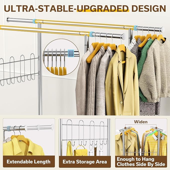 Double Rod Clothes Rack with Two Shelves, Heavy Duty Clothing Racks Load 860 LBS, Rolling Garment Racks with 4-inch Wheels, Hanging Rack for Clothes Storage, Portable Closet in Bedroom Laundry Room