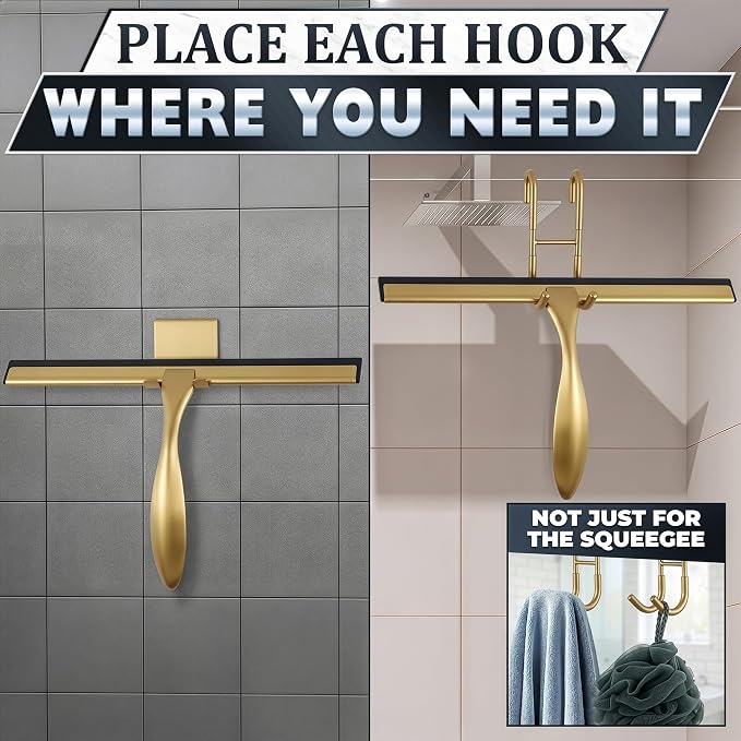 Shower Door Squeegee with Hook - 14" Silicone Blade, Stainless Steel Gold Squeegee for Shower Glass with Adhesive Mount - All-Purpose Bathroom Tile, Mirror, & Window Wiper for Streak-Free Cleaning