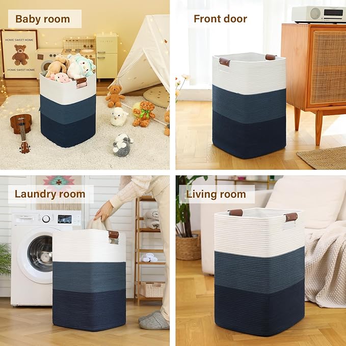 Laundry Hamper 96L Extra Large Laundry Basket, Woven Blanket Basket | Cotton Woven Storage Hamper with Handles for Living Room, Large Baskets for Pillows, Blankets, Clothes-Gradient Blue