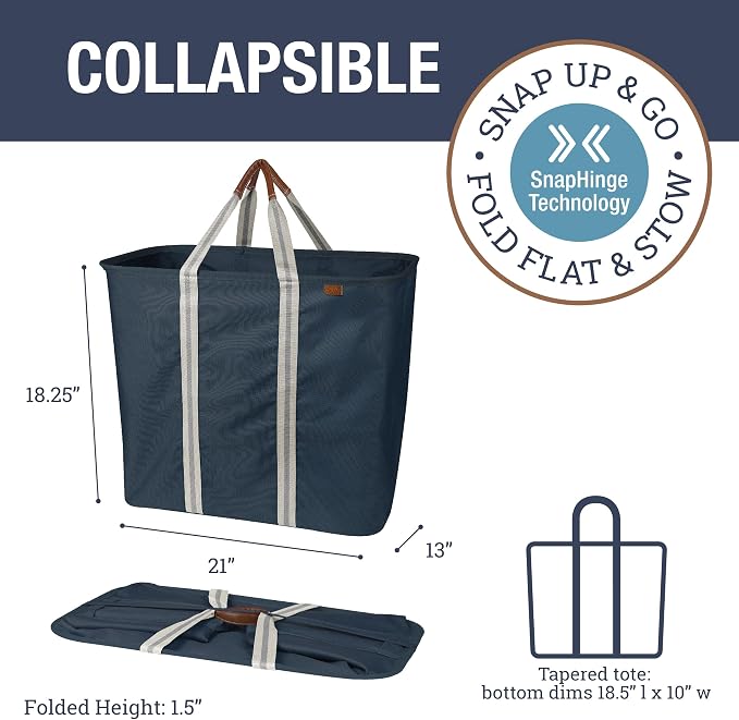 CleverMade LUXE Collapsible Laundry Caddy, 64L, 2 Pack, Navy Noir | Refined fabric and vegan leather details suit open rooms. The structured frame carries 2 loads and folds flat for storage.