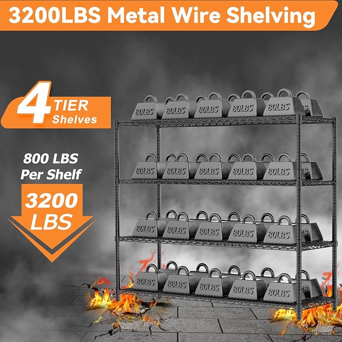 ROOMTEC 4-Tier Heavy Duty Garage Shelves, 60"L*24"W*72"H, Max Loads 3200LBS | Adjustable Storage Shelves, Wire Shelving, Industrial Metal Shelf Rack for Kitchen, Laundry, Pantry, Warehouse, Basement