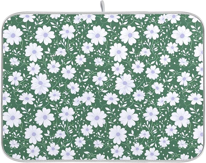 Vintage Floral Leaves Green Dish Drying Mat for Kitchen Daisy White Pastel Colors Microfiber Drying Mats Absorbent Reversible Dish Pad Medium Dish Draining Mat 18x24 inch