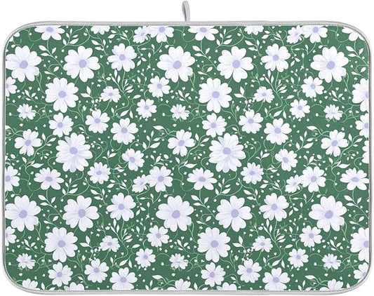 Vintage Floral Leaves Green Dish Drying Mat for Kitchen Daisy White Pastel Colors Microfiber Drying Mats Absorbent Reversible Dish Pad Medium Dish Draining Mat 16x18 inch