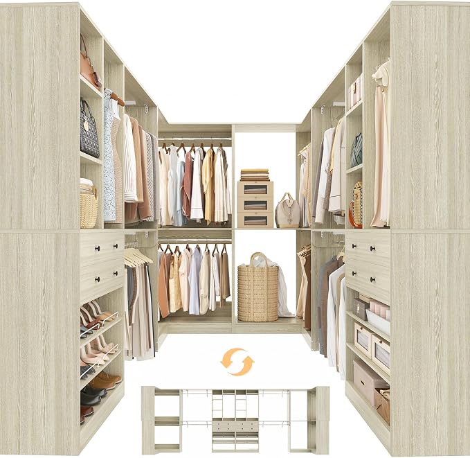Besiost Closet System with 4 Drawers & Corner Tower, Closet Organizer System with 10 Hanging Robs, Reversible U Shaped Walk-in Closet System, Load 3600+LBS Capacity, Set of 4, Greige Oak