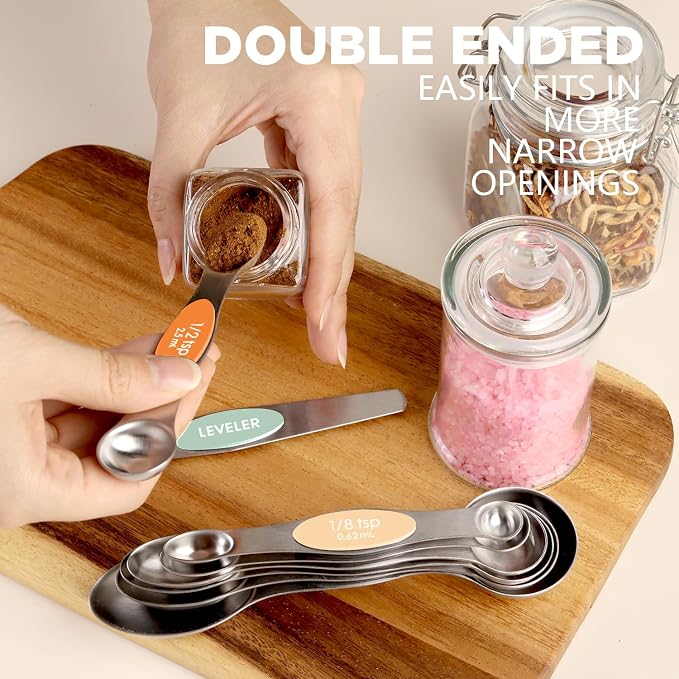 ChefAide Pack of 8 Stainless Steel Magnetic Measuring Spoons Set, Dual Sided, Stackable, Adjustable Teaspoon and Tablespoon Measure Spoon with Leveler, Kitchen Gadgets