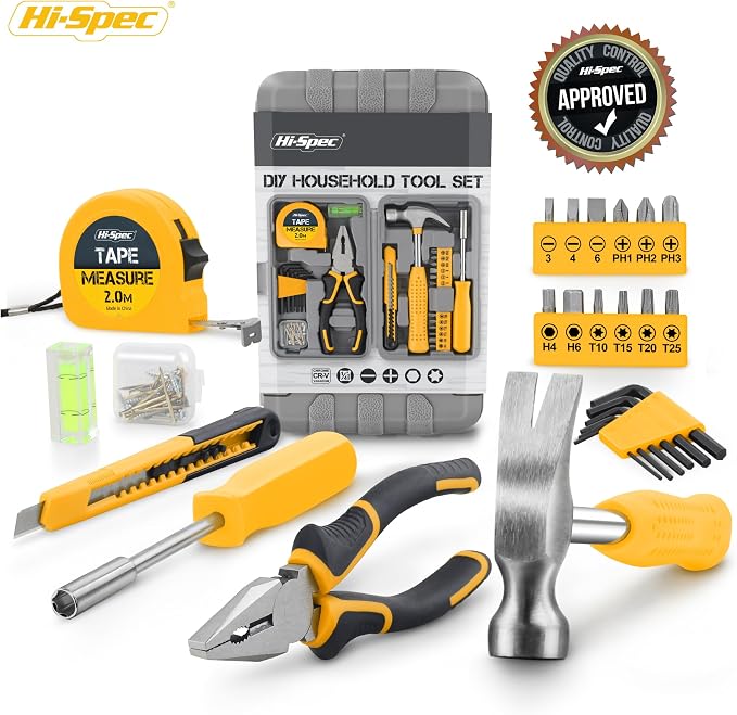 Hi-Spec Small Tool Kit Compact Set for Home and Office DIY, Yellow | 25pc, Mini Tool Box, Basic Household Repairs, Starter Toolkit, Compact Case, Everyday Fixes, Apartment and office tool set