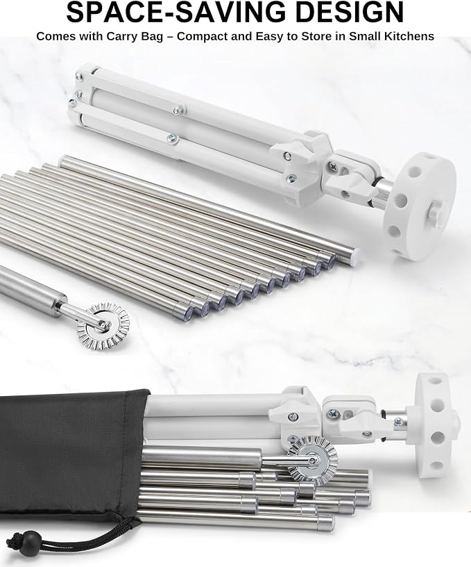 Pasta Drying Rack Collapsible, Large Noodle Dryer Foldable | 360° Rotating, Adjustable Height(14.5"-23.6"), 304 Stainless Steels Arm with Ravioli Wheel for Fresh Pasta Spaghetti