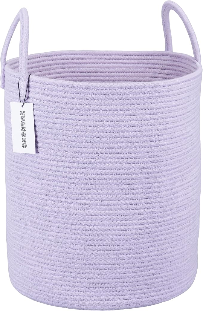 XUANGUO Rope Laundry Basket Hamper for Clothes Large Purple or Lavender | Baby Nursery Hamper Bin and Woven Storage Basket for Living Room Bedroom Boho Tall Rope Baskets Blankets Toys Pillows Towels