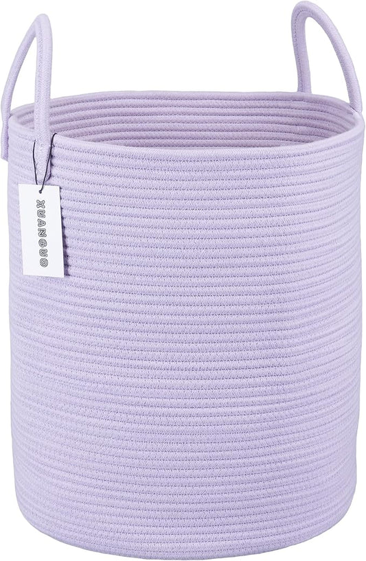 XUANGUO Rope Laundry Basket Hamper for Clothes Large Purple or Lavender | Baby Nursery Hamper Bin and Woven Storage Basket for Living Room Bedroom Boho Tall Rope Baskets Blankets Toys Pillows Towels