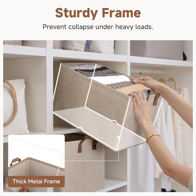 StorageWorks Storage Bins, Fabric Storage Bins for Shelves, Extra Large Storage Baskets with Metal Frame, Closet Baskets and Bins with Handles, Jumbo, Brown and Beige, 2-Pack