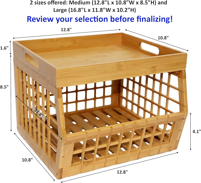 Bamboo Stackable, Open Front, Medium Storage Bins with Serving Tray Lid