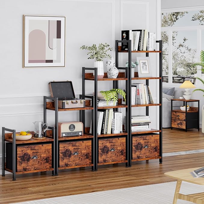 Furologee 4 Tier Bookshelf with Drawer, Tall Bookcase with Shelves, Narrow Bookshelves Storage Organizer, Wood and Metal Display Standing Shelf Unit for Bedroom, Living Room, Rustic Brown