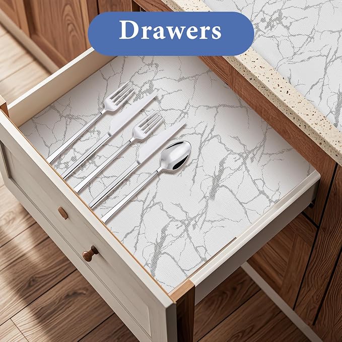 Drawer and Shelf Liner for Kitchen Cabinet: 23.6 in X 30 Ft Non Slip | Waterproof Shelf Paper Non Adhesive Refrigerator Liners Silver Marble Easy Liners for Bathroom with Knife Tape Measure