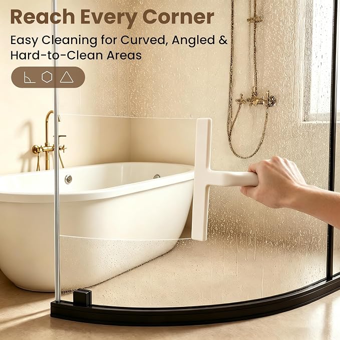 Shower Squeegee for Glass Doors - 10 Inch Bathroom Squeegee with Ergonomic Round Grip, Built-in Hook, Streak-Free No-Squeak Silicone Blade for Shower Glass, Tile Walls, Mirrors & Windows, White