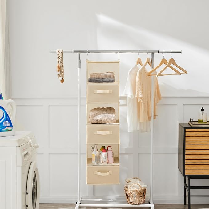 MAX Houser 6 Tier Shelf Hanging Closet Organizer, Closet Hanging Shelf with 2 Sturdy Hooks for Storage, Foldable (Beige-D3)