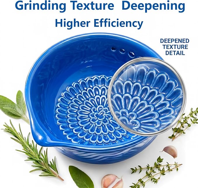 Ceramic Grater Bowl with Herb Stripper, Garlic Ginger Grinder | 3-in-1 Kitchen Tool | Upgraded Grinding Texture | 7 Herb Stripping Holes | Easy Clean | Dishwasher Safe | Blue