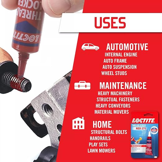 Loctite Threadlocker Red 271 - Permanent Thread Lock Glue for Nuts, Bolts, & Fasteners, High Strength Screw Glue to Prevent Loosening & Corrosion - 6 ml, 1 Pack