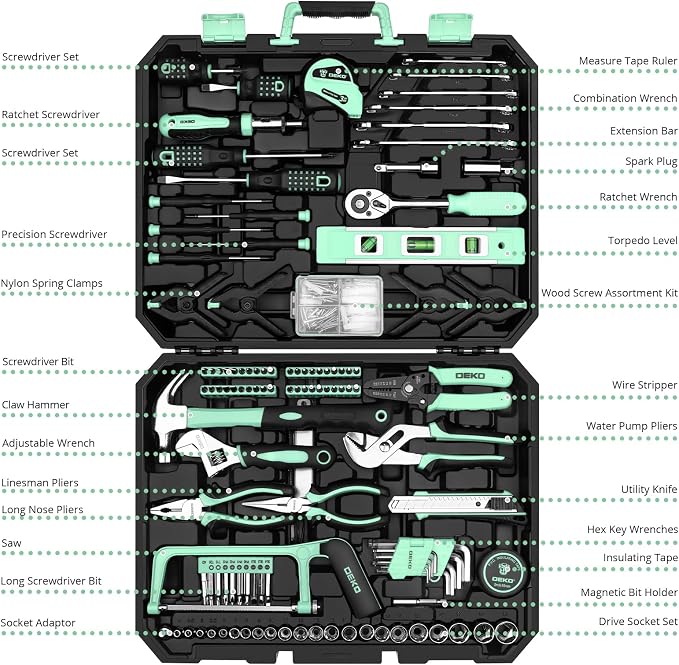 DEKOPRO Tool Set: 228 Piece Home Tool Kit, Household Basic Repair Tool Set Comes with Storage ToolBox, Socket Wrench Set for Car, Hand Tool Box Set for Home - Turquoise