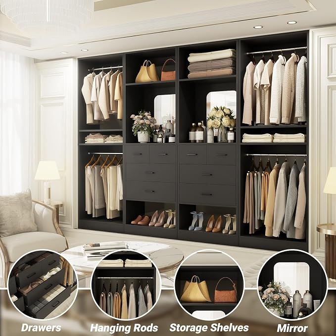 Unikito 100” Closet System with Drawers, 8.3FT Wood Closet Organizer with Hanging Rods and Mirror Design, Reversible Large Walk in Wardrobe Garment Rack with Shelves, Sturdy Closet Tower, Black