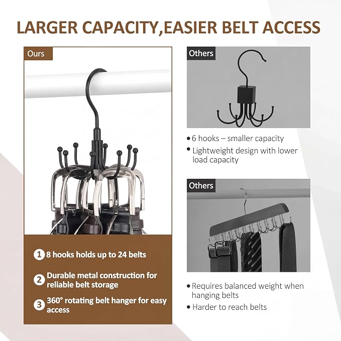 ZEDODIER Belt Organizer for Closet, Heavy-Duty Rotating Belt Hanger Tie Rack Holds up to 24 Belts, Hanging Space Saving Metal Belt Holder for Closet Storage