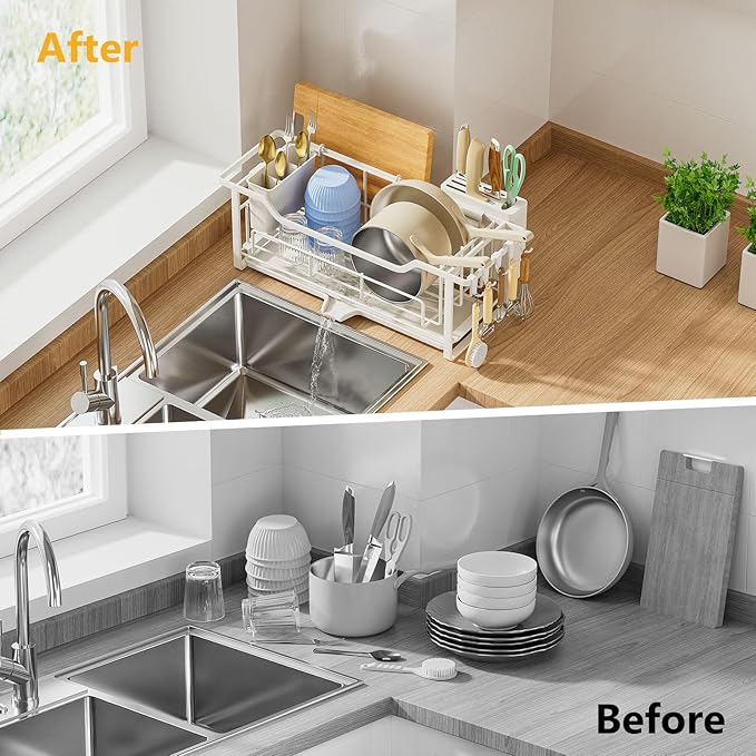 AIDERLY Narrow Dish Drying Rack Dish Drainer, White | Auto Drain, Iron Construction, Removable Cutlery Basket, For Kitchen Counter