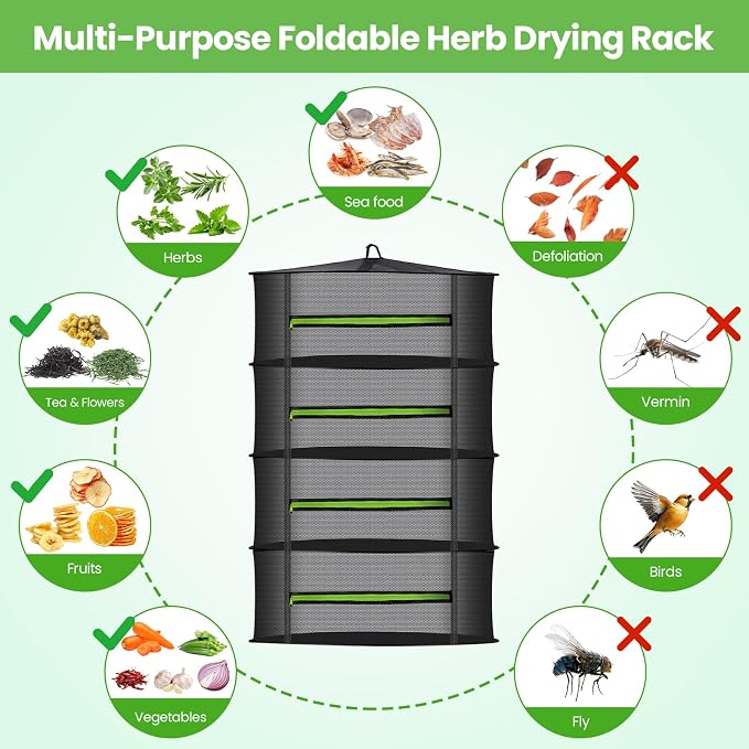 MEKOLIFE 4-Tier Herb Drying Rack Hanging Mesh | 23.62" mesh dryer with zipper, hooks and pruning shears, for indoor and outdoor herbs, seafood, flowers and plants