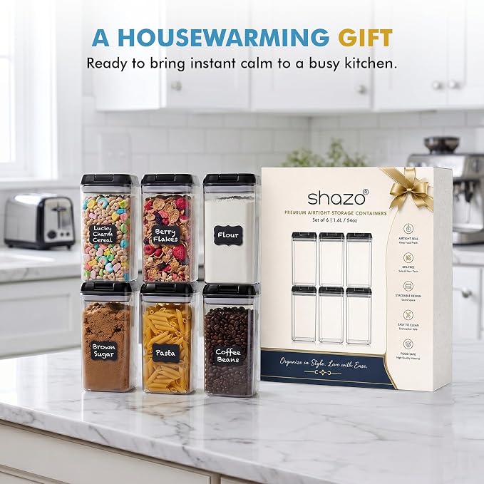 Shazo Airtight Food Storage Containers with Lids - 6 PC BPA Free Clear Plastic Cereal Containers with Easy Lock Lids for Kitchen and Pantry Organization for Snacks and Pasta - 1.2L