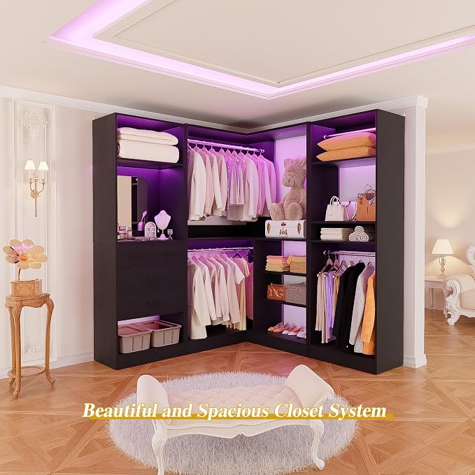 Unikito 86” Closet System, Corner Closets Organizer with Hanging Rods and Mirror, Freestanding Adjustable Clothes Garment Racks with Drawers, Sturdy Walk in Closet Kit with 3 Set Closets Tower, Black