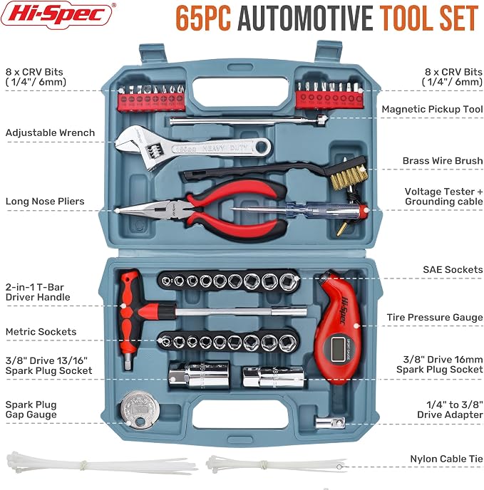 Hi-Spec Compact Auto Garage Tool Kit with Digital Tire Pressure Gauge | 65pc, socket and wrench coverage, roadside fixes, organized box, garage maintenance help, bike and vehicle tasks, quick setup