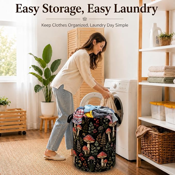 Woodland Mushroom Forest Large Clothes Hamper, Portable Collapsible Laundry Basket with Handles, Freestanding Storage Bin for Bedroom Bathroom Dorm Laundry Room