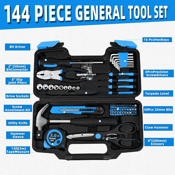 144-Piece Blue Tool Kit for Home, Household Hand Set with Plastic Toolbox | General basic repair tools for women & college students; all-purpose dorm set for home, apartment, office DIY daily repairs