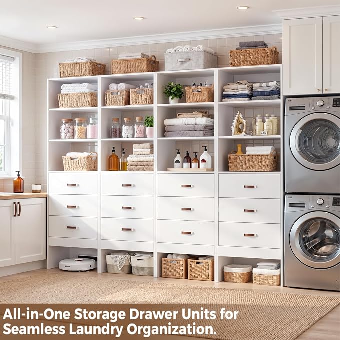 8FT Closet System with Leather Handles, 96" Walk-in Closet Storage Unit with Cabinet, Wood Wardrobe Closet Organizer and Storage with 12 Drawers, Set of 4, White