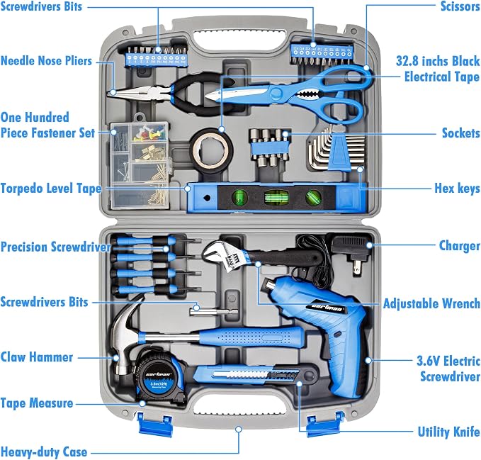 CARTMAN 149-Piece Tool Set, Blue Cordless Screwdriver, Home Repair Tool Kit | Complete tool assortment with cordless screwdriver for home repairs, office fixes, furniture setup crafting, and daily tasks.