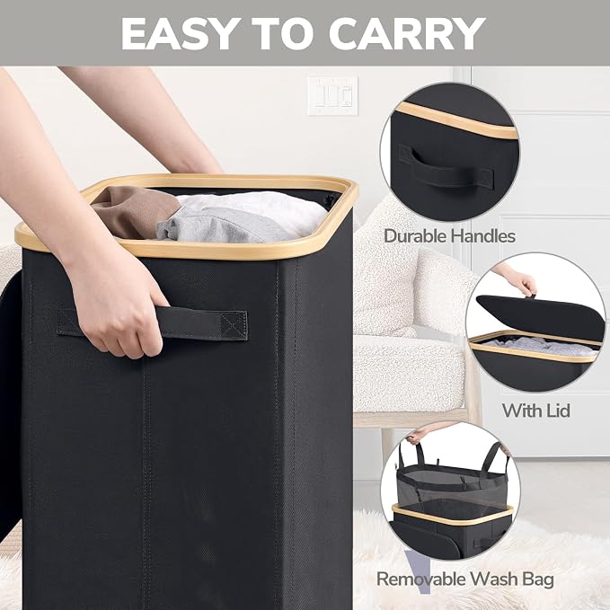 Goodpick 100L Large Rolling Laundry Basket with Wheels and Lid, Black | 17.3" × 13" × 29.5" Collapsible Laundry Hamper for Clothes & Blankets Storage, Removable Wash Bag, Bathroom Organization