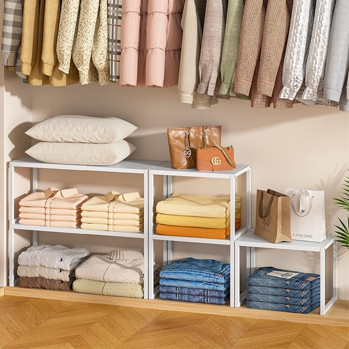 ThreeHio 2 Pack Stackable Closet Organizers and Storage Shelves, Expandable Metal Clothing Shelf, Adjustable Shelving Unit for Cabinet Wardrobe, Kitchen, Pantry, Sweater Clothes Cube Storage Organizer