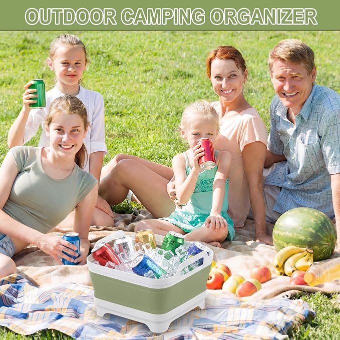 Collapsible Wash Basin for Baby Bottles with Drying Rack – 2.4 Gallon Foldable Dish Tub with Handles, Portable RV Camping Sink & Space-Saving Wash Bin with Lid for Kitchen, Travel & Outdoor, Green