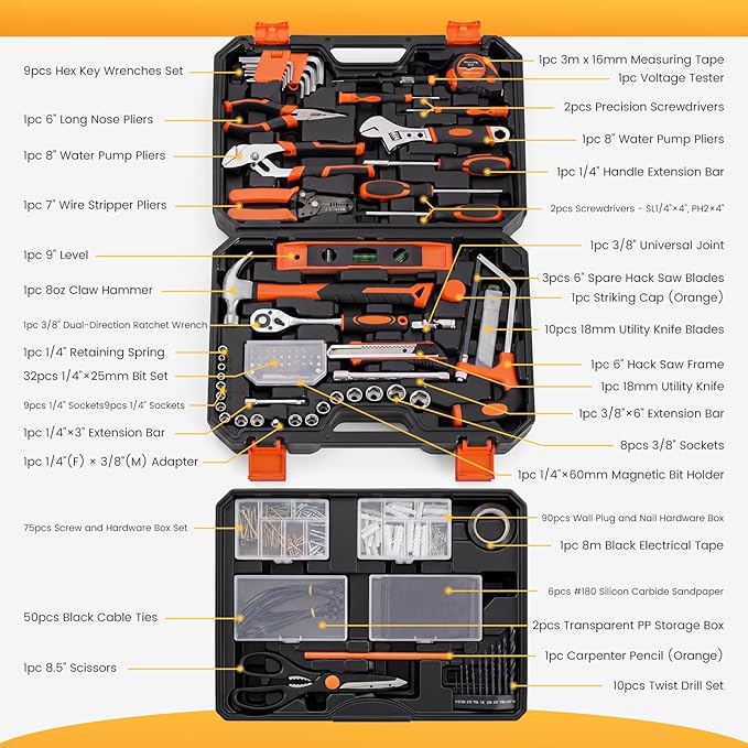 NEWBULIG 330-Piece Complete Tool Box Set, Durable Homeowners Tool Kit with Pull-Out Drawer, Versatile Home Repair Kit for Auto & Household, DIY Projects, Black-Yellow