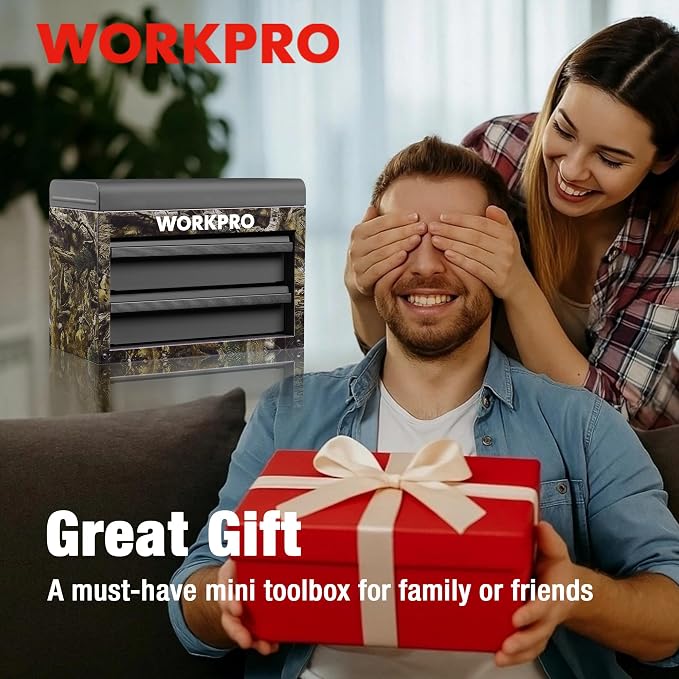 WORKPRO Metal Mini Tool Box with 2 Drawers and Top Storage | Cold Rolled Steel Toolbox, Ball Bearing Slides, PVC Drawer Liners, PP Feet Pads, Durable Storage