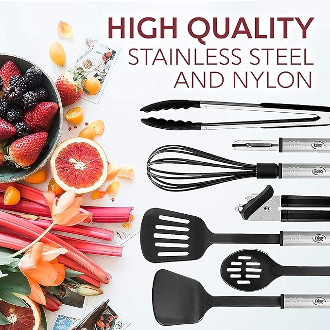Kitchen Utensils Set - 24 PCS Nylon Cooking Utensils Set, Kitchen Spatula Set with Stainless Steel Handles - Heat Resistant Non-Stick Kitchen Tools - Black Kitchen Utensil Set