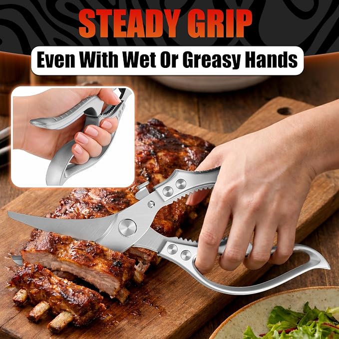 Premium Stainless Steel Poultry Shears – Heavy Duty Kitchen Shears for Food, Hardened Blades, One-Hand Safety Lock, Spring Mechanism, Dishwasher Safe – Chicken, Meat Cutting, Turkey, Fish & Vegetables