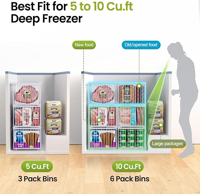 MSERCUOR Freezer Organizer Bins, 3 Pack Big Stackable Deep Chest Freezer Organizer Bins, Foldable Baskets with Handles, White Storage Container Baskets for 5 to 9 Cu.FT Deep Freezer Sort Frozen Meats