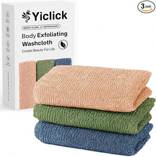 3 PCS Exfoliating Washcloth Towels - Exfoliating Body Scrubber Exfoliator, Back Scrubber for Shower Bath Use, Japanese & Korean Scrub Wash Cloths, Loofah Lufa Sponge Washer for Women Men